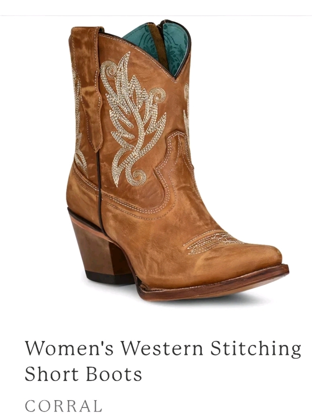 Corral Tan Leather Women's Western Short Boot with Cream Stitching
